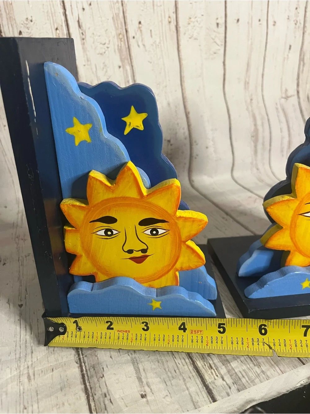 Vintage Celestial Folk Art Hand Painted Sun & Star Wood Bookends